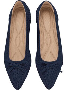Women's Navy Knit Flats Closed Pointed Toe Bow Knit Ballet Comfortable Shoes